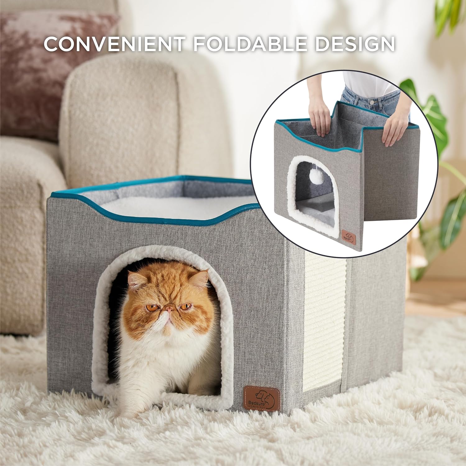 Bedsure Premium Cat Cave with Hanging Toy & Scratch Pad – Spacious Indoor Pet Hideaway