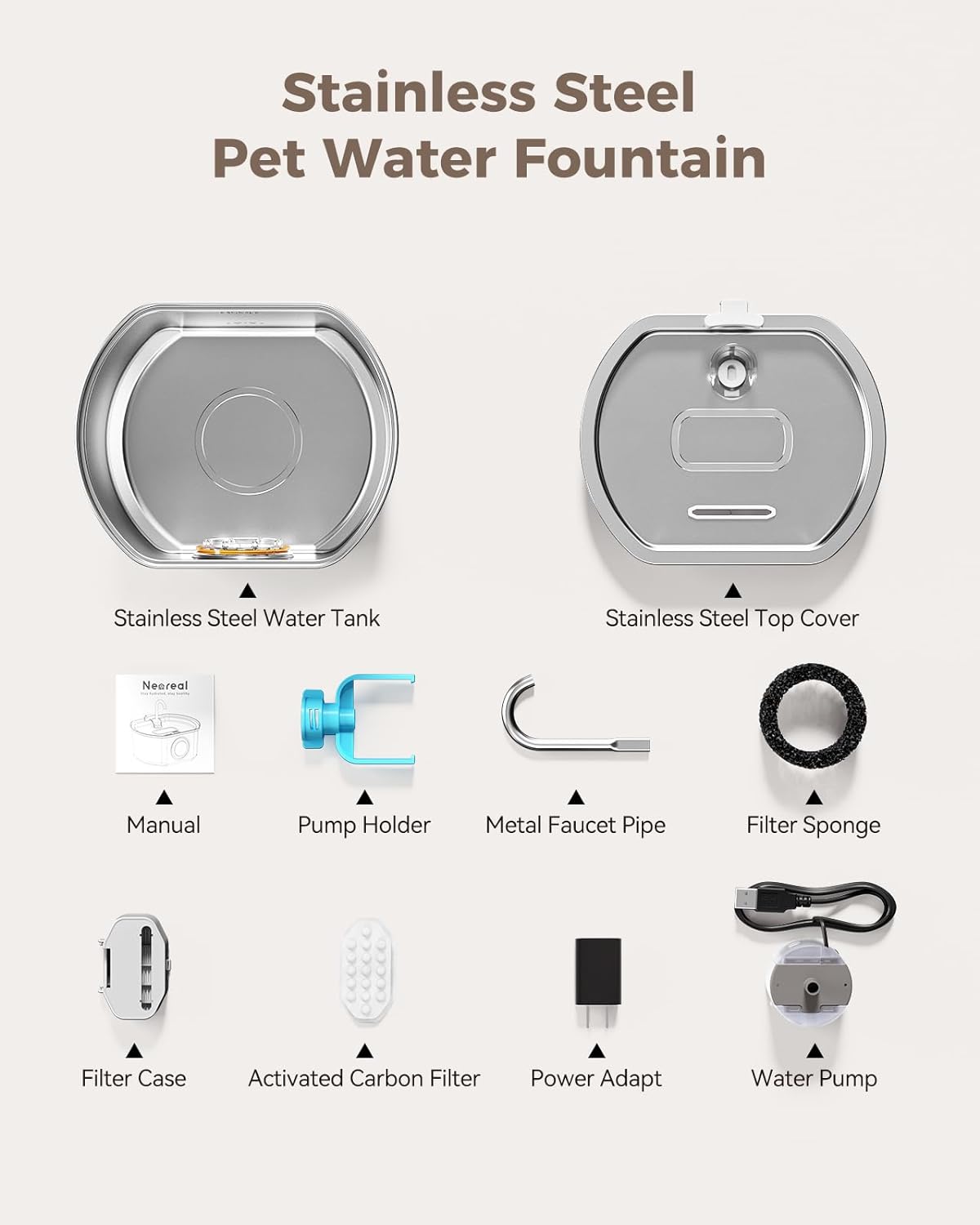 Neareal Premium Stainless Steel Cat Water Fountain: 108 oz Automatic Pet Water Dispenser with Quadruple Filtration System