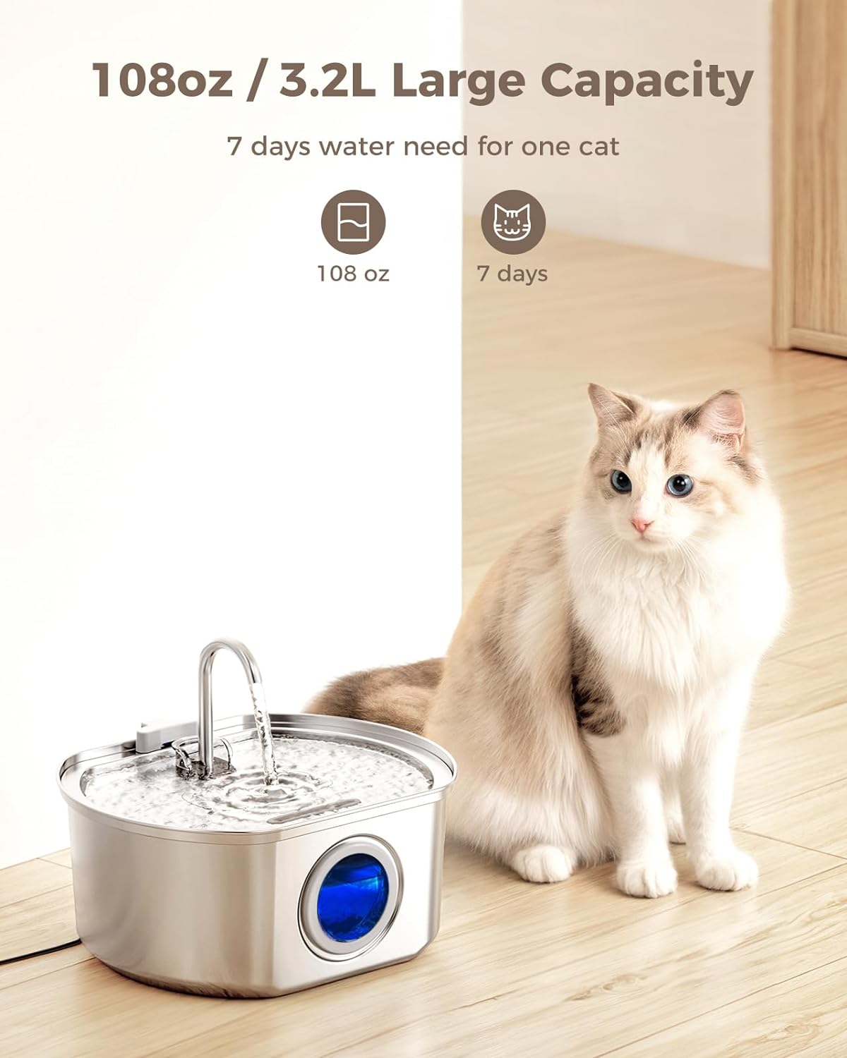 Neareal Premium Stainless Steel Cat Water Fountain: 108 oz Automatic Pet Water Dispenser with Quadruple Filtration System