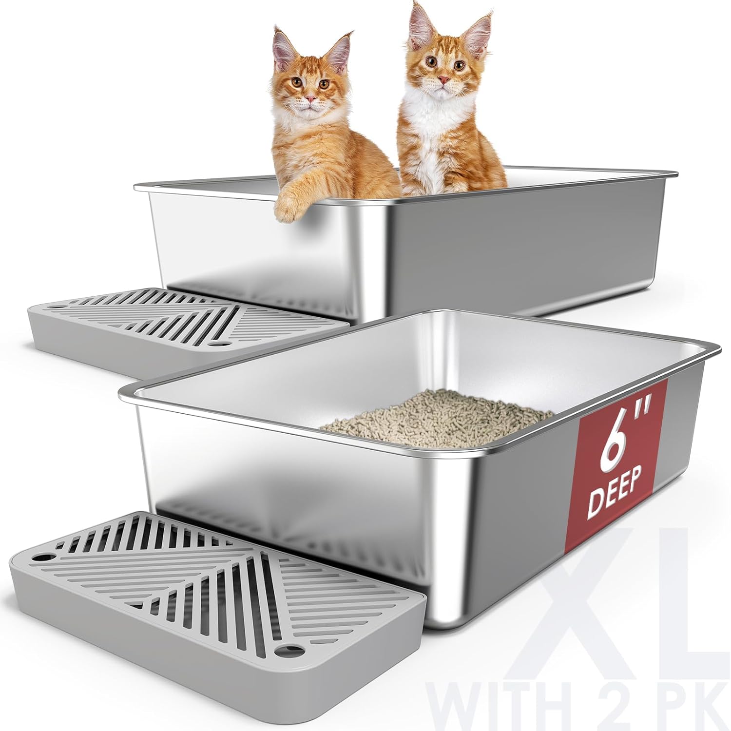 Suzzipaws Extra-Large Stainless Steel Cat Litter Box Set (2-Pack) – High-Sided, Non-Stick, and Easy to Clean (23.6" x 16" x 6")